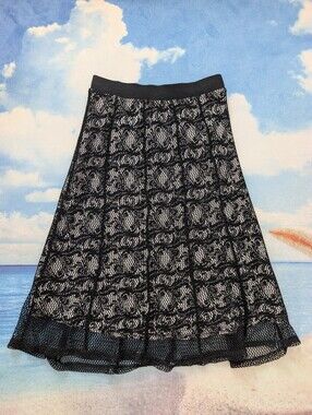 Lapis Black Lace A-Line Skirt with Fishnet Overlay Size S